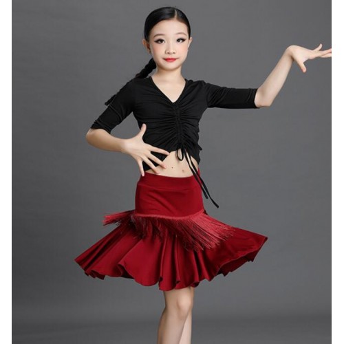 Girls kids wine black white colored fringed latin dance dresses latin ballroom stage performance costumes for children